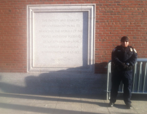 DHS guard outside of Moakley Courthouse