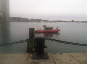 One of two coast guard "gun boats" patroling Boston Harbor on day two of jury selection in the Boston Marathon Bombing trial of Dhzokhar Tsarnaev