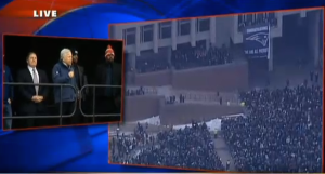 Robert Kraft, Chairman and CEO of the New England Patriots addresses a lunch time send off rally for the Pats that seemed like a cross between a rock concert, a pep rally and a municipal call to prayer. (Screen grab courtesy of Boston's Fox 25)