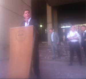 Boston Mayor Marty Walsh at a morning news conference outside city hall to remind citizens to practice safe grilling on July 4th. Police officials say they have no indication of terrorist threats.