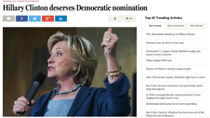 Screen shot of The Boston Globe endorsement of Hillary Clinton in the February 9th New Hampshire Democratic Primary (Courtesy of Boston Globe.com)