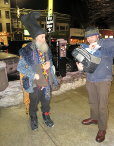 Vermin Supreme campaigning for president on Friday night, Feb 5, on Elk Street in Manchester, NH